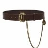 C BUCKLE LEATHER BELT WITH CHAIN SOLID BROWN