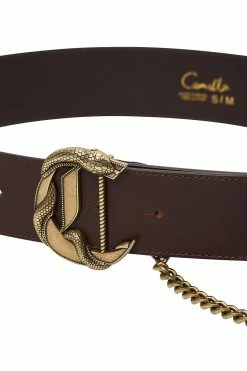 C BUCKLE LEATHER BELT WITH CHAIN SOLID BROWN -clothing shop 2021.01.05 CAMILLA E COM 1024