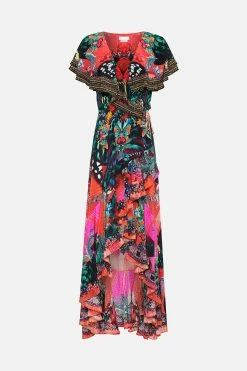 FRILL SLEEVE LONG DRESS IN A FLUTTER -clothing shop CAMILLA 00017004 FRILL SLEEVE LONG DRESS IN A FLUTTER GHOST