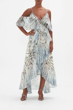 RUFFLE OVERLAYER WRAP DRESS MOON AND BACK