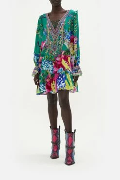 RUFFLE LACE UP DRESS RUN FROM PARADISE