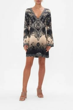 LONG SLEEVE DEEP V SHORT DRESS CURTAIN CALL CHAOS