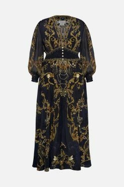 BUTTON DRESS WITH SHAPED WAISTBAND MOONLIGHT MELODIES -clothing shop CAMILLA 00026429 BUTTON DRESS WITH SHAPED WAIST BAND MOONLIGHT MELODIES GHOST MTL 1