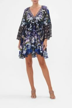 A-LINE RUFFLE SLEEVE DRESS OBSIDIAN BLOOM